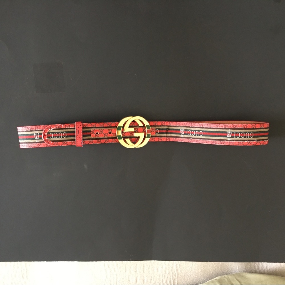 Gucci Leather Belt Red Green Beige Interlocking G Buckle 37-41 Waist - Picture 2 of 16